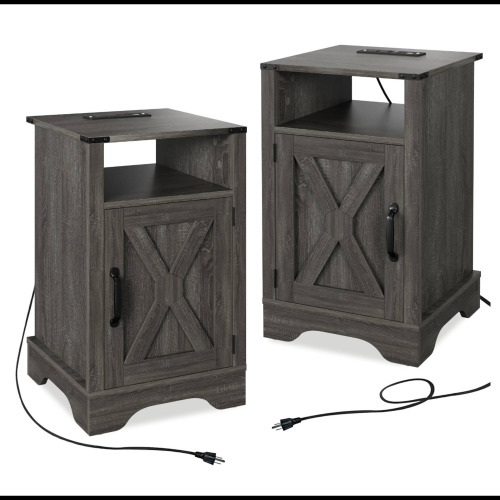 Set of 2, 16" Dark Grey Farmhouse Nightstand w/ Charging Station & Storage - Metal & Wood - Engineered Wood - Metal & Wood