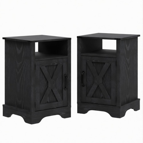 Set of 2, 16" Black Farmhouse Nightstand w/ Charging Station & Storage - Metal & Wood - Engineered Wood - Metal & Wood