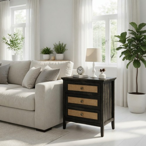 29.5" Wide Coffee Boho Nightstand with 3 Drawers - Tall Rattan End Table - Brown - Engineered Wood - Metal & Wood