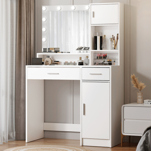 Vanity Desk with Mirror & Light,Dressing Table with Large Drawer, 3 Level Storage Dresser & 3 Lighting Modes Adjustable Brightness, Suitable for Bedroom(white) - Particle Board - 3-Light