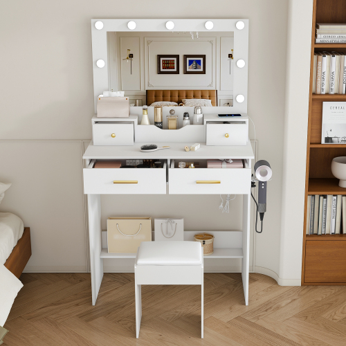 Makeup Vanity Desk with 9 Hollywood Bulbs,with a large mirror, featuring 4 drawers and 1 open storage box, equipped with a power socket, a hair dryer stand and a makeup stool,white - MDF