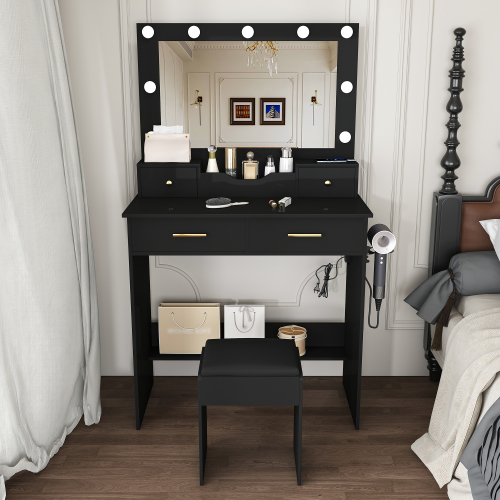 Makeup Vanity Desk with 9 Hollywood Bulbs,with a large mirror, featuring 4 drawers and 1 open storage box, equipped with a power socket, a hair dryer stand and a makeup stool,black - MDF