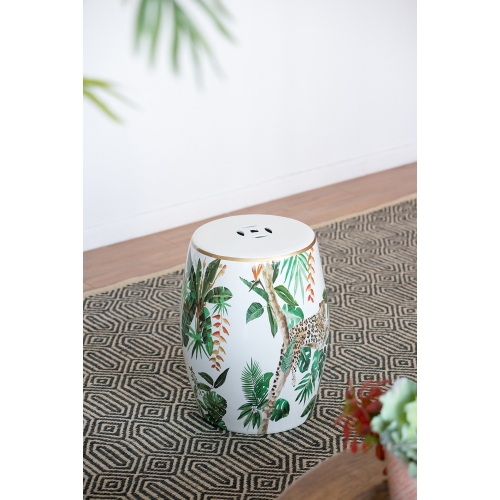13x13x18" Ceramic Garden Stool, Jungle-themed Accent Side Table - Green