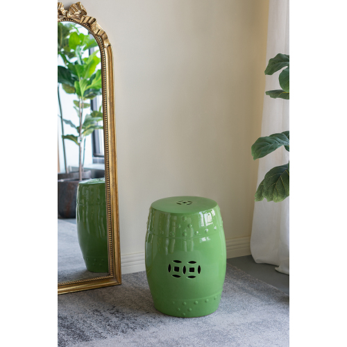 D13x18" Ceramic Barrel Stool with Green Cutout Design, Accent Side Table