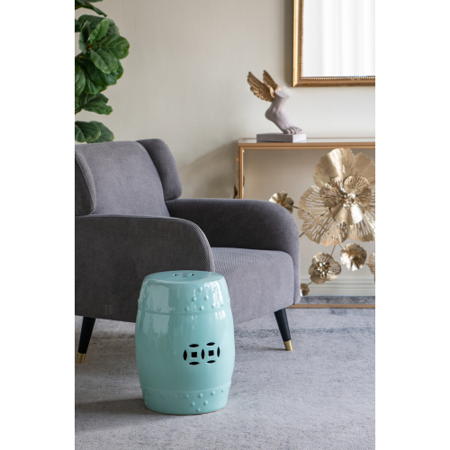 D13x18" Ceramic Barrel Stool with Light Blue Cutout Design, Accent Side Table