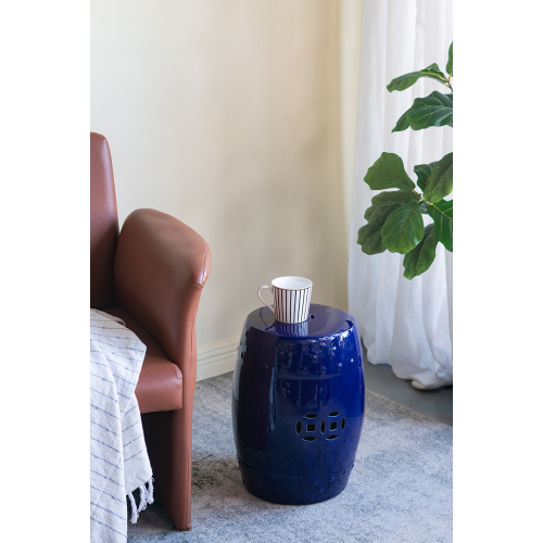 D13x18" Ceramic Barrel Stool With Cobalt Blue Cutout Design, Accent Side Table