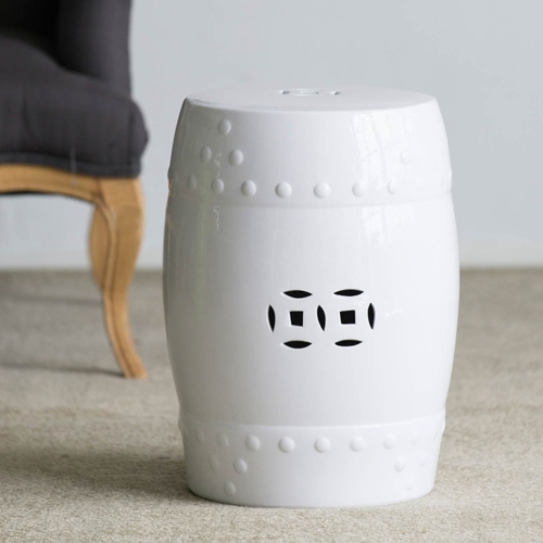 D13x18" Ceramic Zella Garden Stool with White Cutout Design,  Accent Side Table