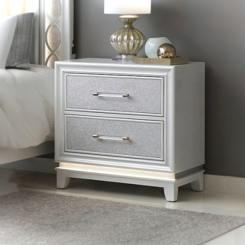 Galaxy 2-Drawer Bedroom Nightstand with LED Lights, Pearlized White - Silver+White - Solid Wood+MDF - Wood - Contemporary - 2 Drawers - Built-In Outlets - Drawer Storage - Poplar