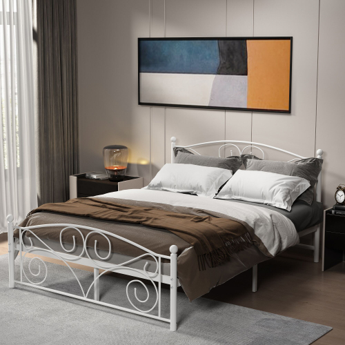 Queen  Size Unique Flower Sturdy System Metal Bed Frame with Headboard and Footboard - White - Not Specified