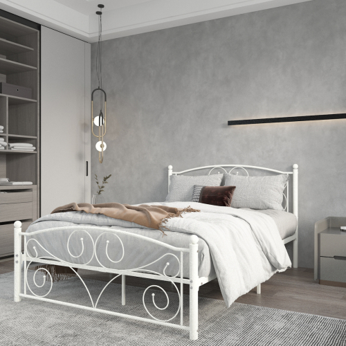 Full Size Unique Flower Sturdy System Metal Bed Frame with Headboard and Footboard - White - Not Specified