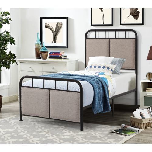 Twin Size Linen Upholstered Platform Metal Bed Frame with  fabric Headboard and Footboard - Beige - Beige
