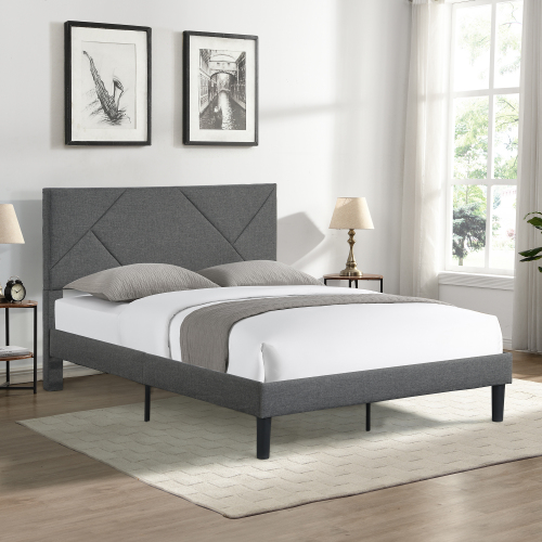 Full Size Upholstered  Platform Bed Frame with  Headboard, Strong Wood Slat Support, Mattress Foundation, No Box Spring Needed, Easy Assembly, Gray - Fabric - Fabric