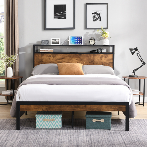 Queen Size  Metal Platform Bed Frame with Wooden Headboard and Footboard with USB LINER, No Box Spring Needed, Large Under Bed Storage, Easy Assemble - Black