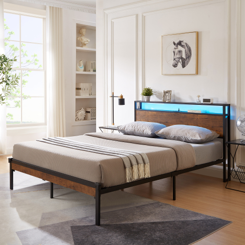 Full Size Metal Platform Bed Frame with Wooden Headboard and Footboard with USB LINER, LED Lights, No Box Spring Needed, Large Under Bed Storage, Easy Assemble - Black+Brown - Not Specified