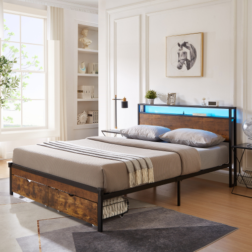 Queen Size Metal Platform Bed Frame with Wooden Headboard and Footboard with USB,Charging Station,2 Drawers,LED Lights, No Box Spring Needed, Easy Assemble - Brown+Black - MDF+Metal - MDF
