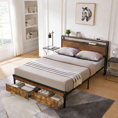 Queen Size Metal Platform Bed Frame with Wooden Headboard and Footboard with USB,Charging Station,2 Drawers, No Box Spring Needed, Easy Assemble - Brown+Black - MDF+Metal - Not Specified - Not Specified - MDF