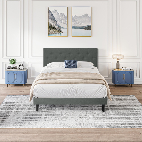 Twin Size Upholstered Platform Bed Frame with Modern Button Tufted Linen Fabric Headboard, No Box Spring Needed, Wood Slat Support, Easy Assembly, Drak Grey - Dark Gray