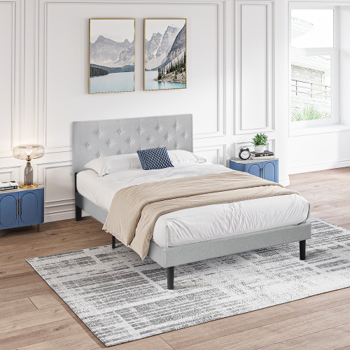 Queen Size Upholstered Platform Bed Frame with Modern Button Tufted Linen Fabric Headboard, No Box Spring Needed, Wood Slat Support, Easy Assembly, Grey - LIGHT GREY