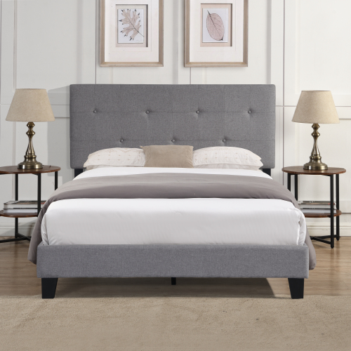 Queen Size Upholstered Platform Bed Frame with Button Tufted Linen Fabric Headboard, No Box Spring Needed, Wood Slat Support, Easy Assembly, Gray - Not Specified - Not Specified - Not Specified - Not Specified
