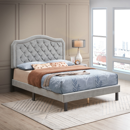 Upholstered Bed Button Tufted with Curve Design - Strong Wood Slat Support - Easy Assembly - Gray Velvet - platform bed - Queen - Not Specified - Not Specified - Not Specified - Not Specified