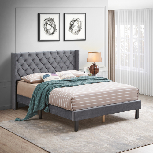 Velvet Button Tufted-Upholstered Bed with Wings Design - Strong Wood Slat Support - Easy Assembly - Gray, Queen, platform bed - Not Specified - Not Specified - Not Specified - Not Specified