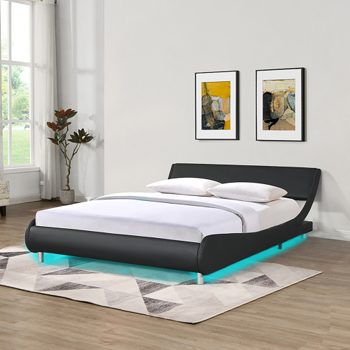 Faux Leather Upholstered Platform Bed Frame,LED lighting with remote controller and APP,Curve Design,Wood Slat Support,No Box Spring Needed,Easy Assemble,Queen Size,Black - Not Specified - Not Specified