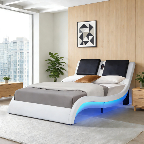 Faux Leather Upholstered Platform Bed Frame with led lighting, Bluetooth connection to play music control, Backrest vibration massage, Curve Design, Wood Slat Support, No Box Spring Needed, Queen - White - MDF