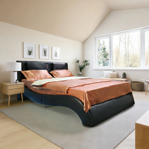 Faux Leather Upholstered Platform Bed Frame with led lighting, Bluetooth connection to play music control, Backrest vibration massage, Curve Design, Wood Slat Support, Exhibited Speakers, Queen - Black - MDF - Not Specified