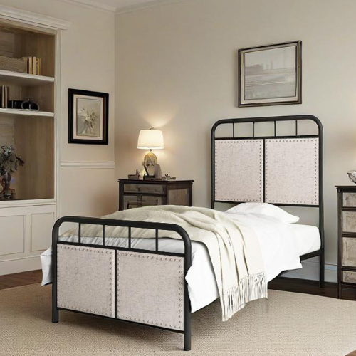 Twin Size Linen Upholstered Platform Metal Bed Frame with fabric Headboard and Footboard - Black