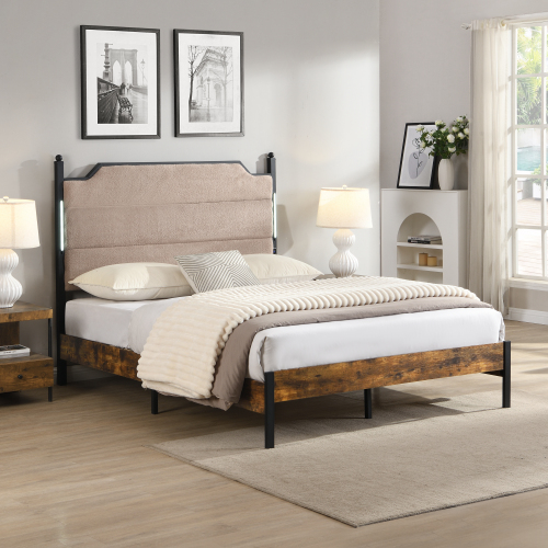 Queen Bed Frame , Upholstered headboard with Charging and Touch sensitive LED Lights, Under Bed Storage, No Box Spring Needed,Noise Free - Light Pink - MDF+Iron
