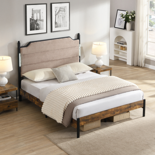 King Bed Frame , Upholstered headboard with Charging and Touch sensitive LED Lights, Under Bed Storage, No Box Spring Needed,Noise Free - Light Pink - MDF+Iron