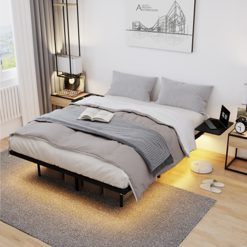 Queen Size Bed Frame , Heavy Duty Metal Bed Frame, Quick & Easy Assembly, LED light, No Noise, Black - MDF+Metal