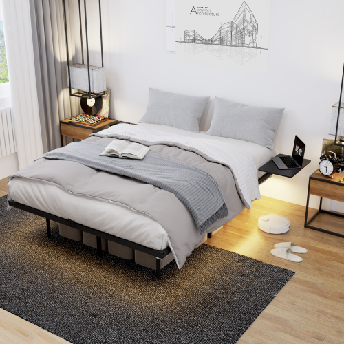 Full Size Bed Frame, Heavy Duty Metal Bed Frame , Quick & Easy Assembly, LED light , No Noise, Black - MDF+Metal