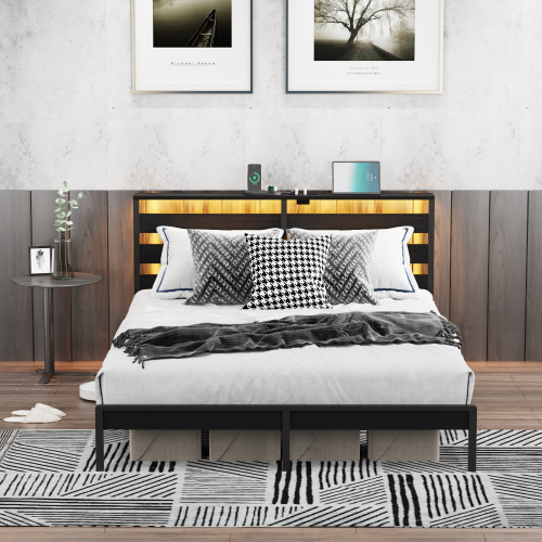 Full Size Metal Platform Bed Frame with Wooden Headboard and Footboard with USB LINER, LED Lights, No Box Spring Needed, Under Bed Storage, Easy Assemble - Black - MDF+Metal
