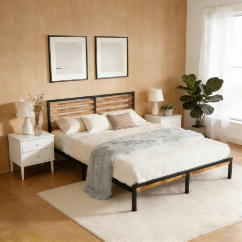 Full Size Bed Frame with Wood Headboard, Heavy Duty Metal Platform Bed with Under Bed Storage, Noise-Free Mattress Foundation with Slats, No Box Spring Needed,  Rustic Brown & Black - Brown+Black - Not Specified - Not Specified - Not Specified