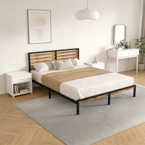 Queen Size Bed Frame with Wood Headboard, Heavy Duty Metal Platform Bed with Under Bed Storage, Noise-Free Mattress Foundation with Slats, No Box Spring Needed,  Rustic Brown & Black - Brown+Black - Not Specified - Not Specified - Not Specified