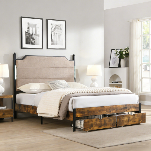 Queen Bed Frame , Upholstered headboard with Charging and Touch sensitive LED Lights, Under Bed Storage,2 Drawers, No Box Spring Needed,Noise Free - Light Pink - MDF+Iron - Light Pink - MDF - Not Specified - Not Specified