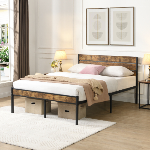 King Size Bed Frame with Wood Headboard, Metal Platform Bed with Under Bed Storage, No Box Spring Needed, Rustic Brown & Black - Brown+Black - MDF+Metal