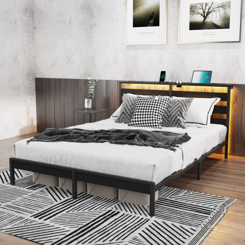 Queen Size Metal Platform Bed Frame with Wooden Headboard and Footboard with USB LINER, LED Lights, No Box Spring Needed, Under Bed Storage, Easy Assemble - Black - MDF+Metal