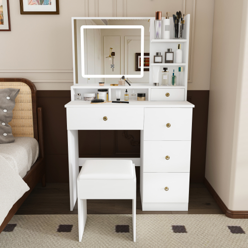Fashion Vanity Desk with Mirror & 3-Color Dimmable LED Lights,Equipped with an open storage shelf and 4 silent sliding drawers,Suitable for bedrooms and apartments,White - MDF