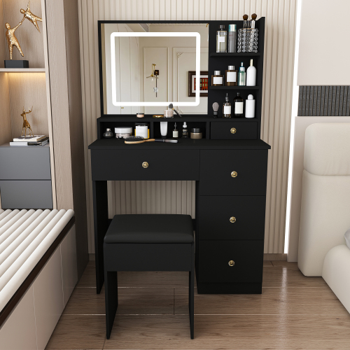 Fashion Vanity Desk with Mirror & 3-Color Dimmable LED Lights,Equipped with an open storage shelf and 4 silent sliding drawers,Suitable for bedrooms and apartments,black - MDF