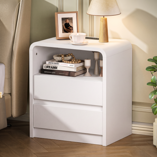 Modern Night Stand with Charging Station, 25" Tall Wood Nightstand Bedside Table with 2 Drawers & USB Ports, Mid-Century End Table for Bedroom (1, White Smooth, 2 Drawers) - Engineered Wood - Engineered Wood