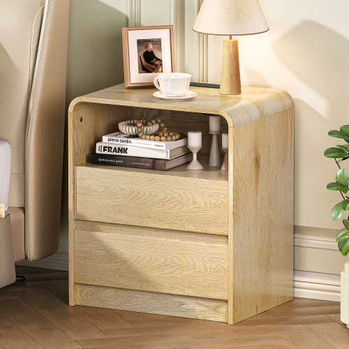 Modern Night Stand with Charging Station, 25" Tall Wood Nightstand Bedside Table with 2 Drawers & USB Ports, Mid-Century End Table for Bedroom (1, Nature Smooth, 2 Drawers) - Engineered Wood - Engineered Wood