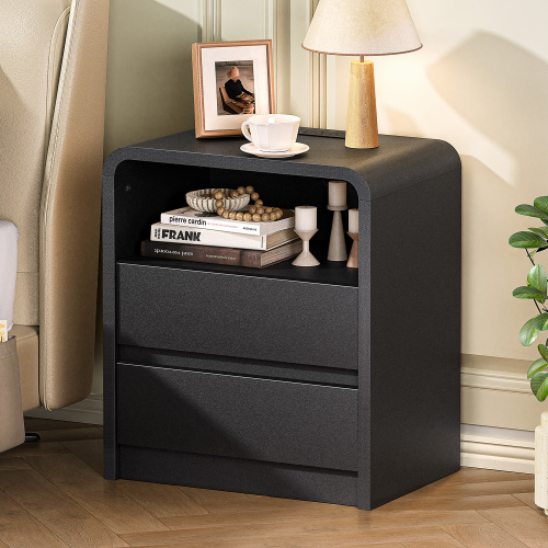 Modern Night Stand with Charging Station, 25" Tall Wood Nightstand Bedside Table with 3 Drawers & USB Ports, Mid-Century End Table for Bedroom (1, Black Smooth, 2 Drawers) - Engineered Wood - Engineered Wood - Not Specified