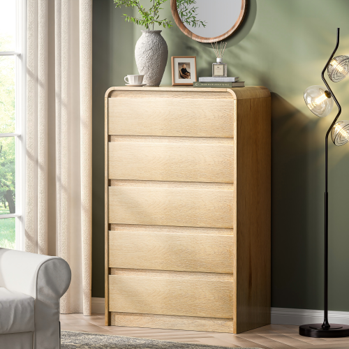 BEROXII Tall Dresser with 5 Drawers, 45" Modern Wood Chest of Drawers & Closet Organizer, Skinny Cabinet with Curved Design for Bedroom, Living Room, Hallway (Natural, 5 Drawer) - Engineered Wood - Engineered Wood - Not Specified - Not Specified - Not Specified