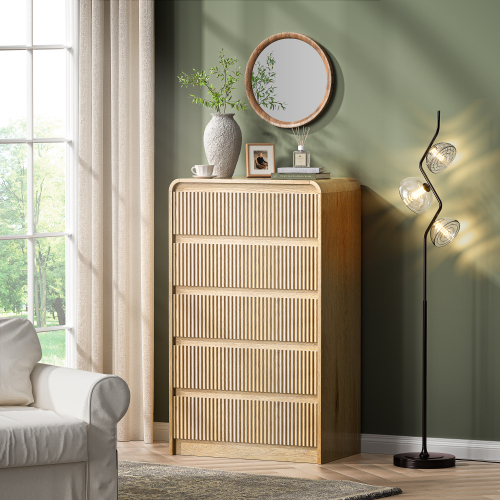 Modern Fluted Wood Dresser - 5 Storage Drawers, Mid Century End Table for Bedroom, Living Room, Nature - Engineered Wood - Engineered Wood - Not Specified - Not Specified - Not Specified