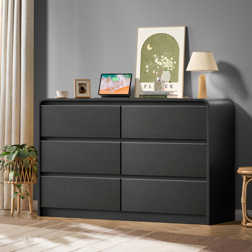 6 Drawers Dresser, 47" Wide Modern Chest of Drawers, Curved Profile Design, Dresser TV Stand, Wood Drawer Organizer for Bedroom, Living Room, Hallway (Black, 6 Drawers) - MDF - Not Specified - Not Specified - Not Specified