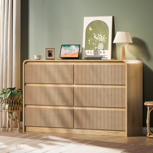 6 Drawer Dresser for Bedroom, Natural Wood Chest of Drawers Wide Versatile Storage Organizer with Fluted Panel for Living Room, Office, hallways, Kitchen Natural 6 Drawer - MDF - Not Specified - Not Specified - Not Specified