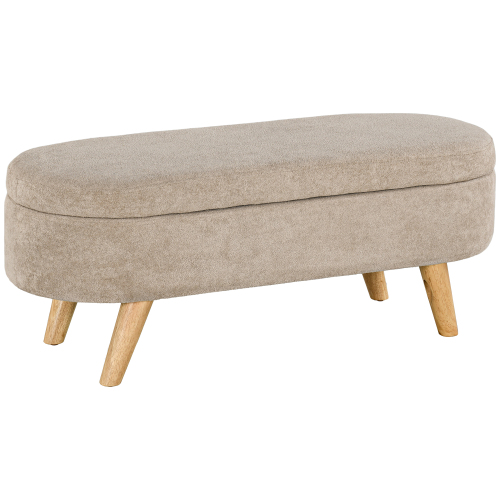 HOMCOM Storage Ottoman Bench, 43.3" Teddy Fleece Upholstered End of Bed Bench with Wood Legs and Padded Seat, Oval Modern Entryway Bench, Beige - Polyester