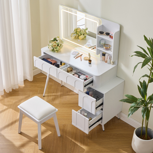 Modern Makeup Vanity Desk with LED Lights & Mirror, 4 Drawer Dressing Table Set with Stool, 3 Colors Dimmable Brightness, Space-Saving for Bedroom, White - Engineered Wood